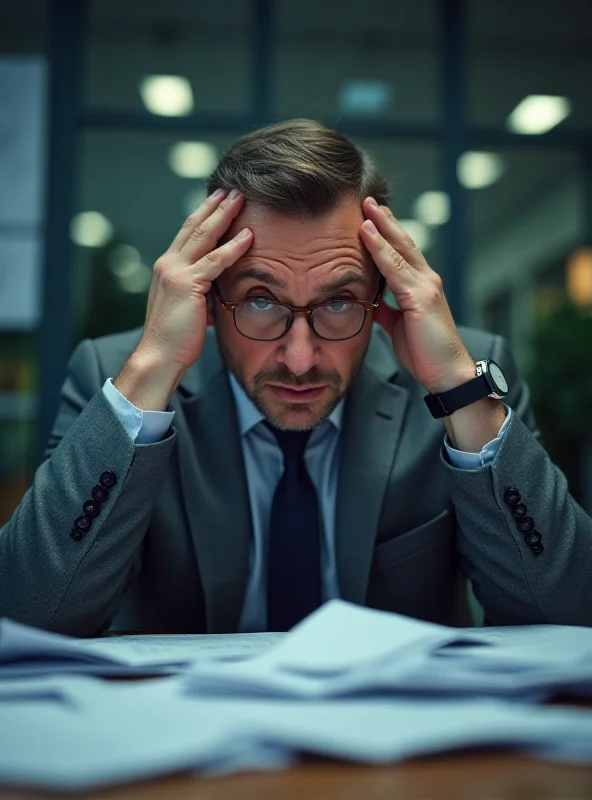 A stressed executive sitting at a desk overflowing with paperwork.