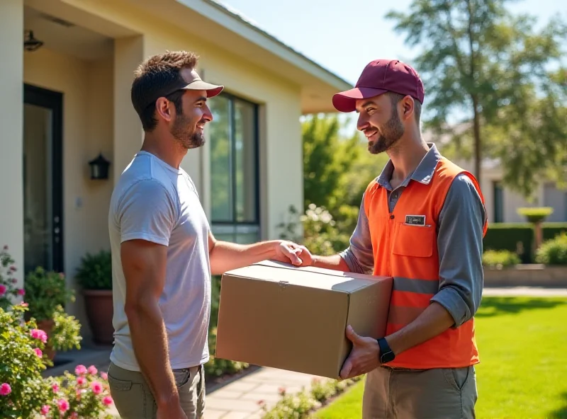 Delivery driver handing a package to a customer in front of a house.