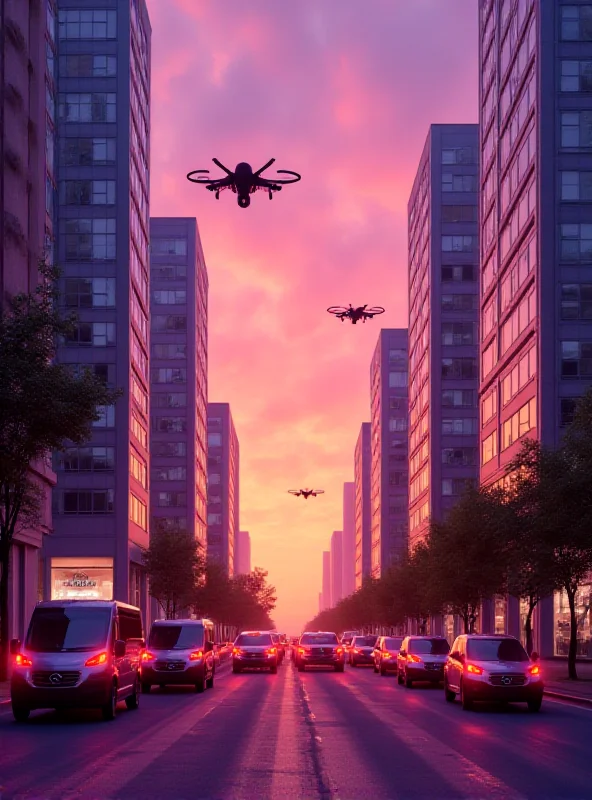 A futuristic cityscape with autonomous delivery vehicles and drones.