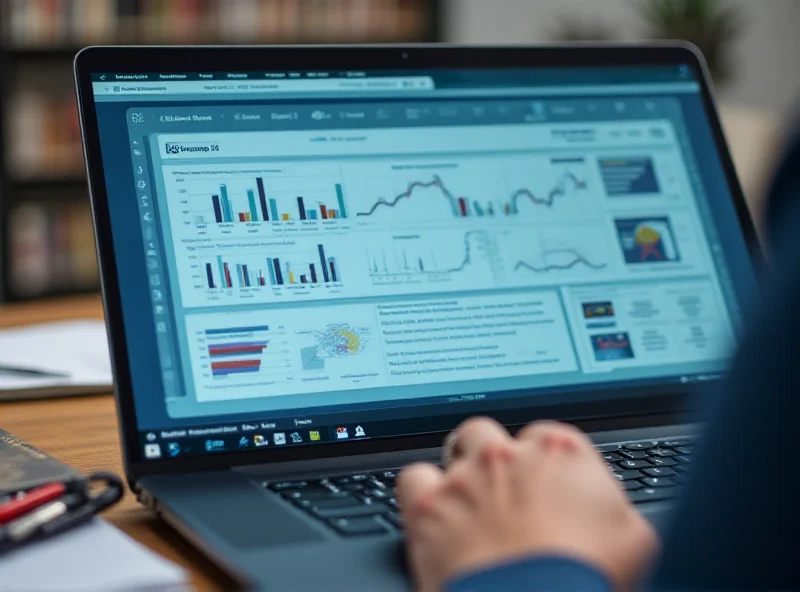 A person studying on a laptop with various business charts and graphs displayed on the screen.