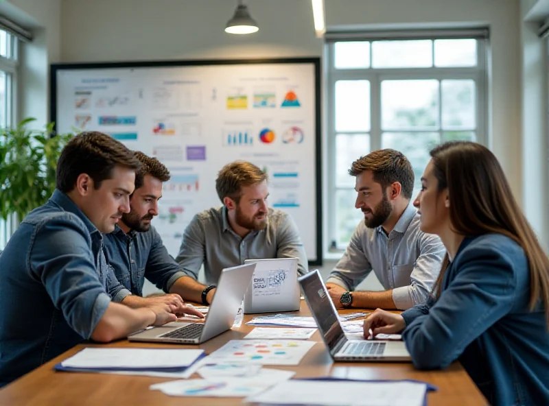 A diverse group of young professionals collaborating in a modern office, discussing financial strategies for their startup with a laptop and charts displayed.