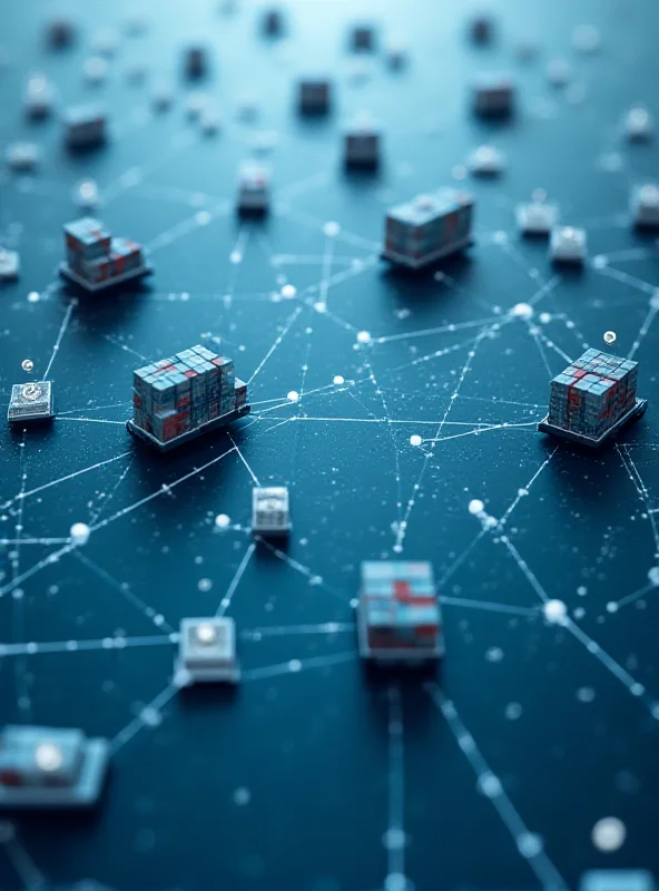 A complex network of interconnected shipping containers and cargo ships, symbolizing the global supply chain, with subtle overlay of data streams and security icons.