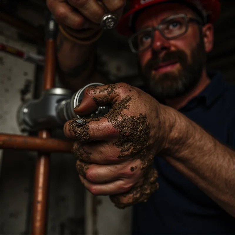 A close-up shot of a corroded lead pipe being replaced by a plumber in protective gear, with a focus on the tools and the new copper pipe being installed.