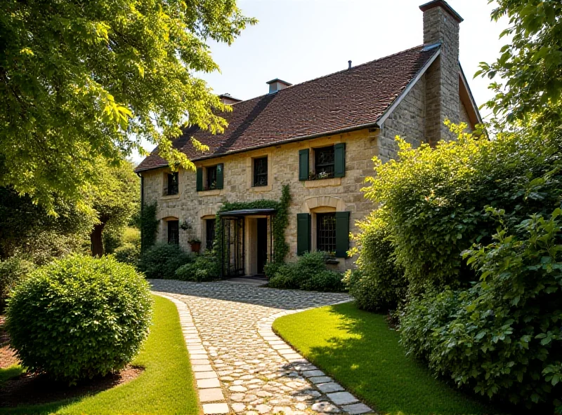 Exterior view of a beautifully restored 17th-century farmhouse with stone walls and lush landscaping.