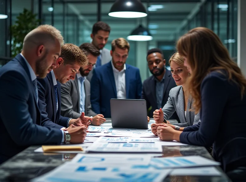 A diverse group of business people collaborating around a table, reviewing financial data and charts