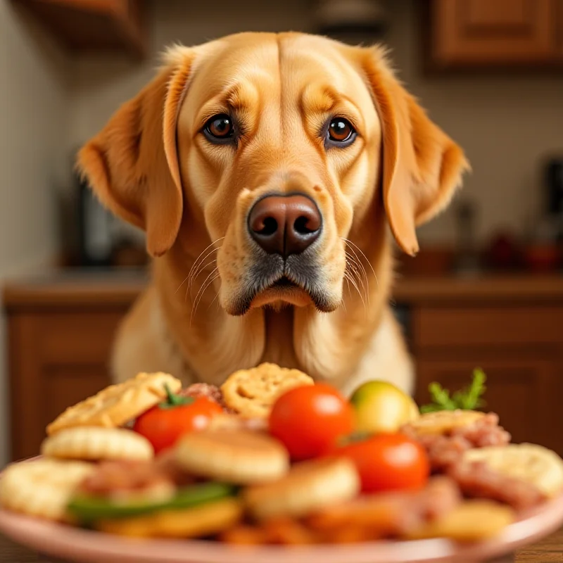 A golden labrador looking longingly at a plate of food