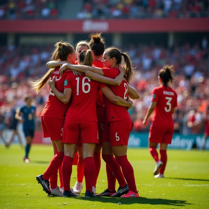 The England women's football team celebrating a goal against Spain.