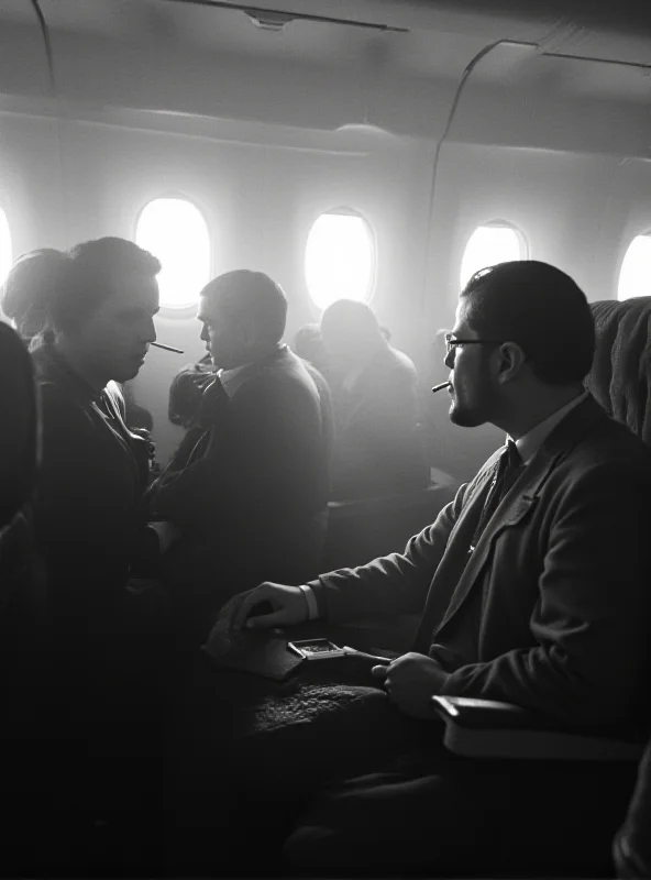 A black and white photo depicting a crowded airplane cabin with several passengers smoking cigarettes, showcasing the once-common practice of smoking on airplanes.