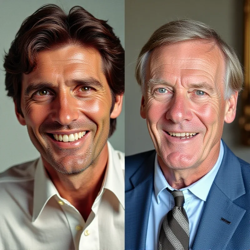 A split image showing Dick Van Dyke, one side depicting him in his younger years in the 1960s, and the other side showing him in the present day, illustrating his enduring charm.