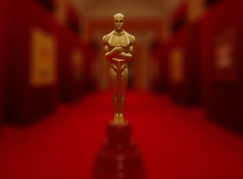 A stylized image of an Oscar statuette, with a shimmering golden effect and a blurred background of a red carpet event.