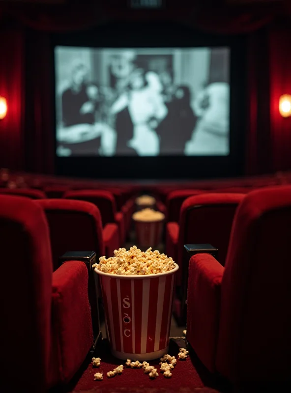 A retro movie theater with popcorn and a screen showing a classic film.