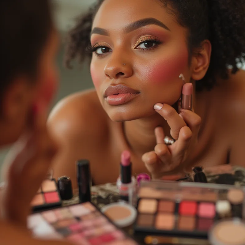 A person applying blush to their cheeks while looking in a mirror, with various beauty products surrounding them.