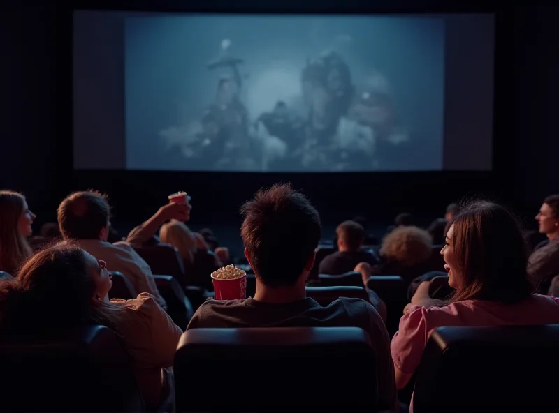 A diverse group of people sitting in a movie theater, laughing and enjoying a film on the big screen. Popcorn and drinks are visible, creating a typical movie-watching atmosphere.