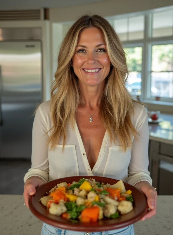 Gwyneth Paltrow smiling warmly while holding a plate of colorful, healthy food. She is dressed in a casual, yet stylish outfit and appears to be in a bright, modern kitchen.