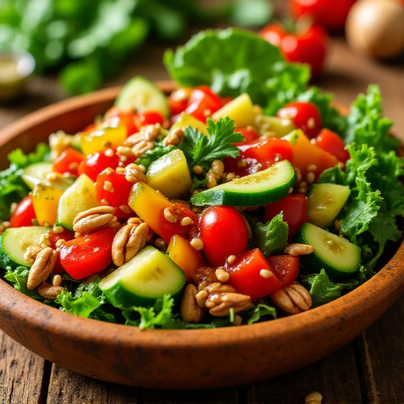 A close-up shot of a vibrant and healthy salad with various colorful vegetables, nuts, and seeds. The salad is drizzled with a light vinaigrette dressing and presented in a rustic bowl.