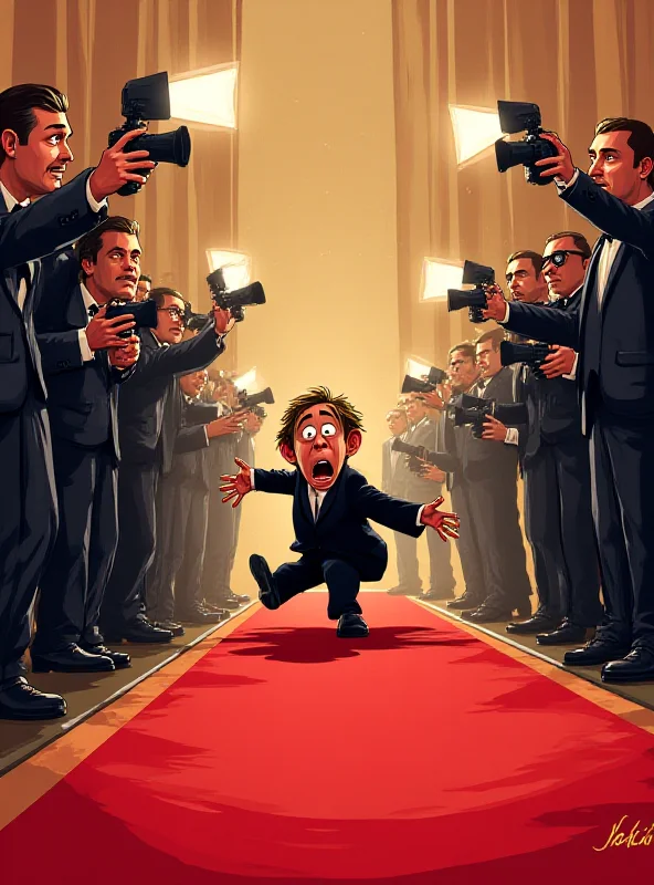 A humorous illustration depicting a celebrity tripping on the red carpet at the Academy Awards, with photographers flashing their cameras.