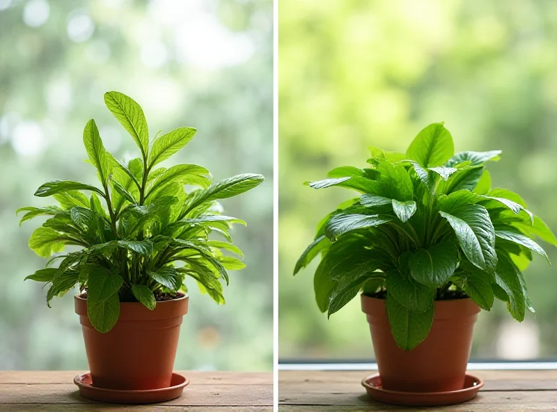 A split image showing a 'before' and 'after' of a houseplant, with the 'before' side looking wilted and sad, and the 'after' side looking vibrant and healthy.