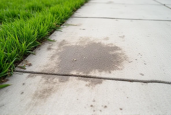 Close up of an oil stain on a concrete driveway, surrounded by green grass.