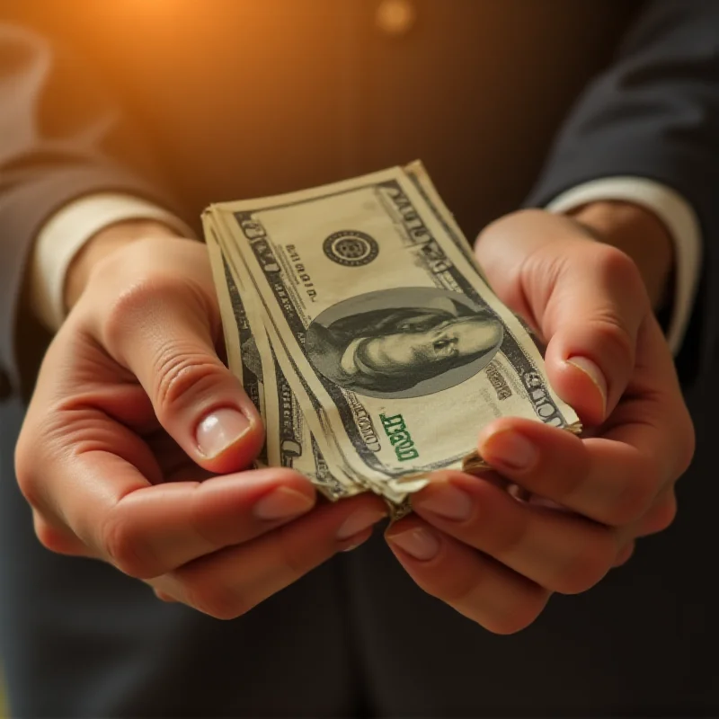 Close-up of hands holding a stack of crisp hundred-dollar bills, slightly fanned out.