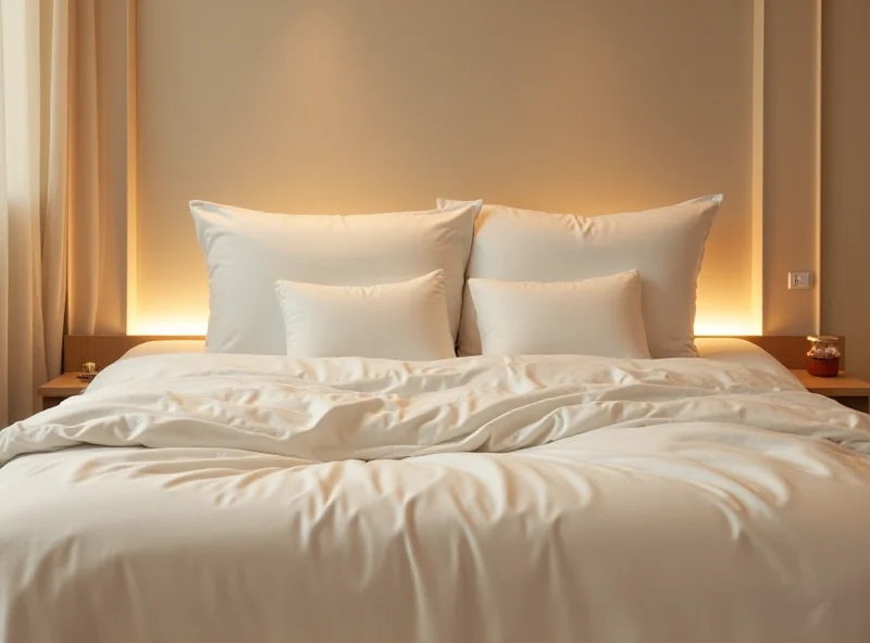 A luxurious bed with plush pillows and a soft duvet, surrounded by soft lighting.