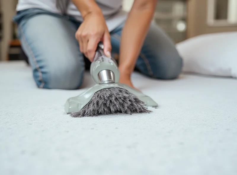 A person cleaning a mattress with a vacuum cleaner