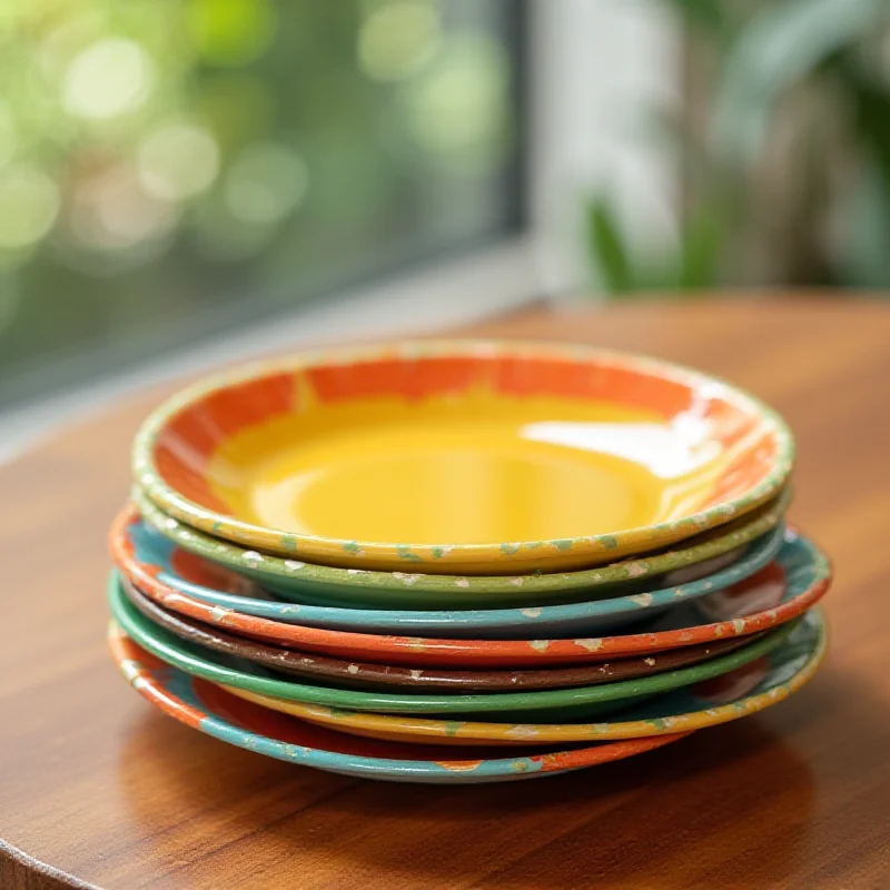 A close up of colorful, unbreakable plates stacked on a table.