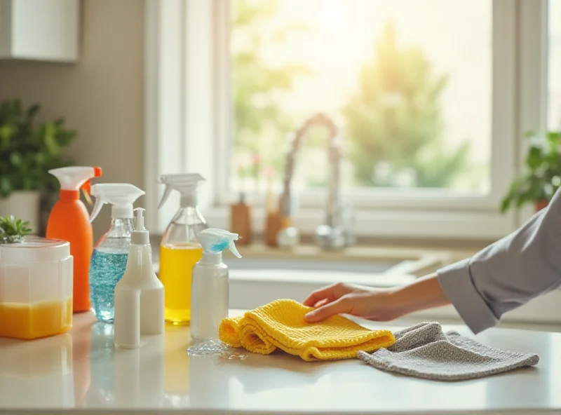 A person cleaning a kitchen counter with various cleaning supplies around them.