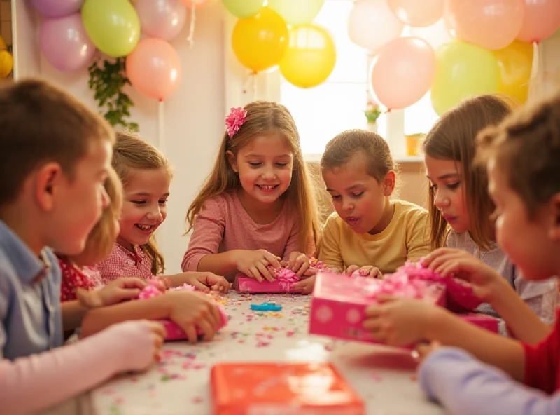 A diverse group of children excitedly opening birthday presents at a party.