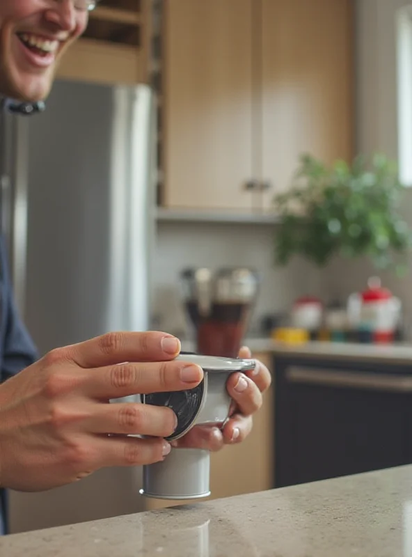 A person happily using a reusable Keurig cup to brew coffee in their kitchen.