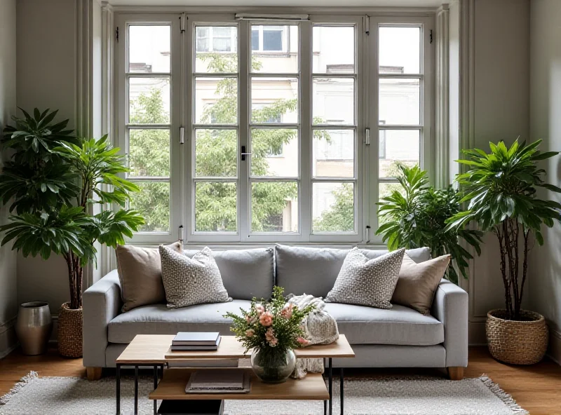 A stylishly furnished living room featuring a comfortable sofa, a modern coffee table, and decorative plants.