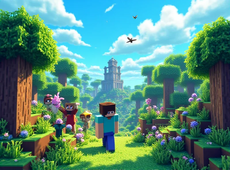 A vibrant, colorful image depicting a Minecraft landscape with various characters and structures, hinting at the upcoming Minecraft movie.