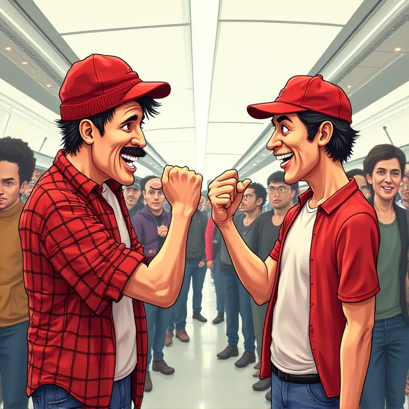 A humorous illustration depicting a stereotypical Canadian and American in a playful confrontation, with the Canadian raising their elbows in a symbolic gesture.