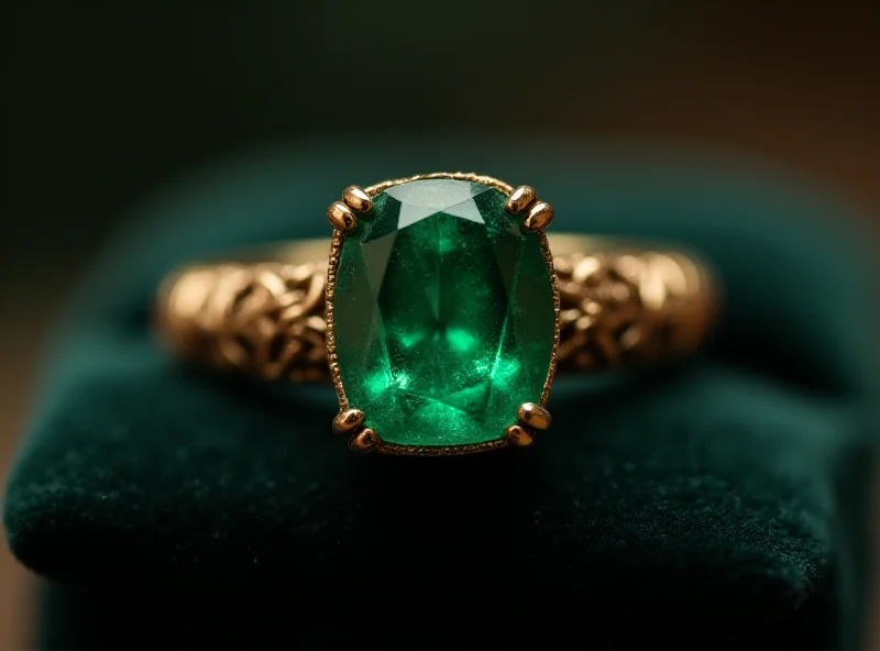 Close-up of a detailed wedding ring with an emerald stone, a gold band, and a medieval style design, lit with soft, romantic lighting.