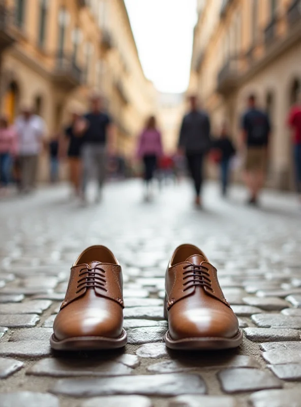 A pair of comfortable walking shoes on a cobblestone street in a European city, with blurred tourists walking in the background.