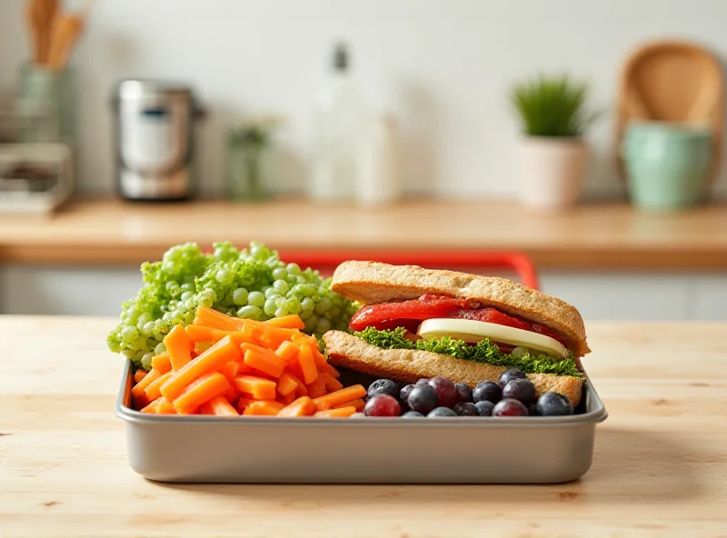 A stylish and colorful lunchbox filled with various healthy and appealing food items, such as a sandwich, fruits, vegetables, and a small container of dip. The background is a bright and clean kitchen setting.