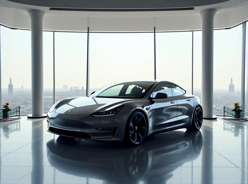 A modern Tesla showroom with a sleek electric car displayed prominently. The background shows the skyline of Mumbai, India, with recognizable landmarks.