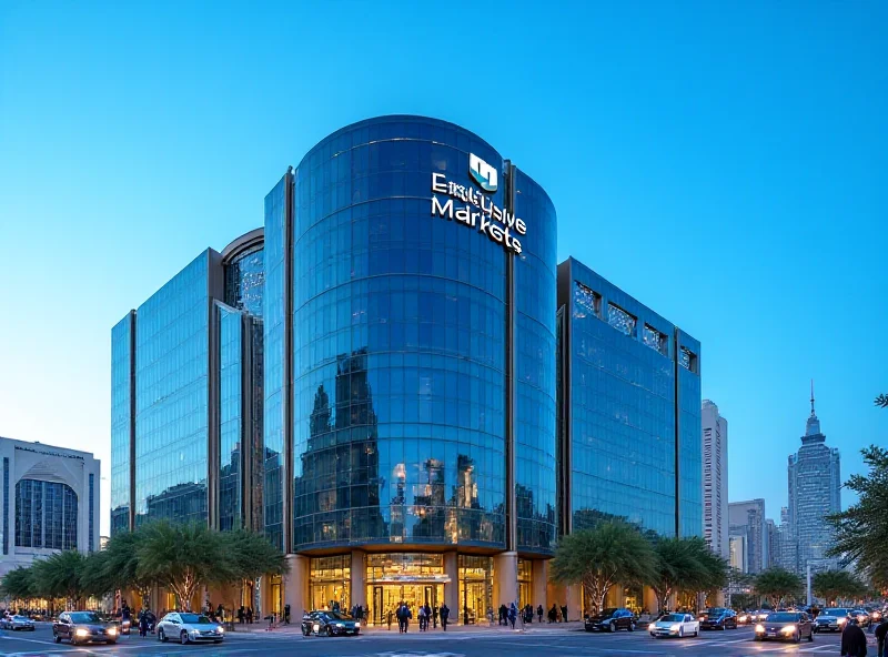 A modern office building in Dubai, UAE, with the Exclusive Markets logo prominently displayed. The building is surrounded by other skyscrapers and bustling city life.