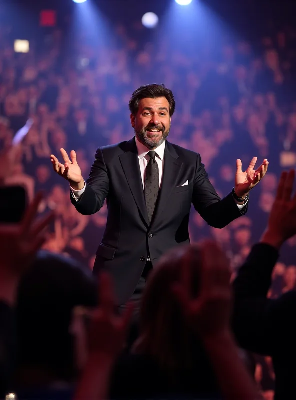 Cyril Hanouna, a popular French television personality, standing on a stage in front of a live audience. He is smiling and gesturing towards the crowd.