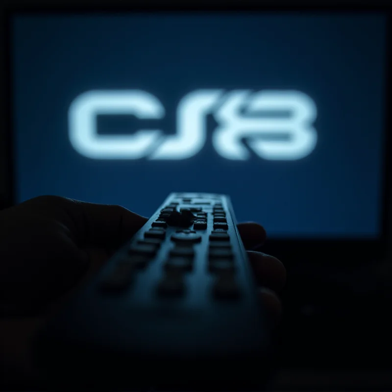 A close-up, dramatic shot of a television remote control with the C8 logo partially visible on the screen. The remote is being held by a hand, seemingly about to turn off the television.