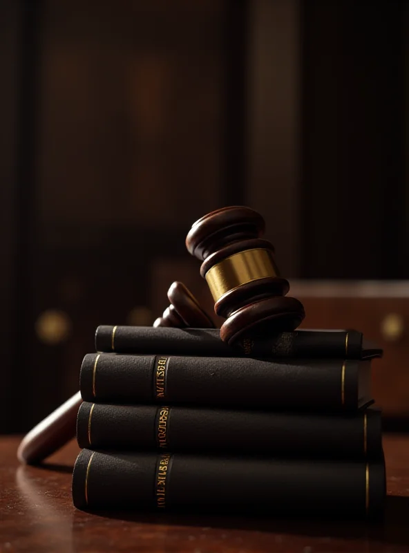 A gavel resting on a stack of legal books in a courtroom