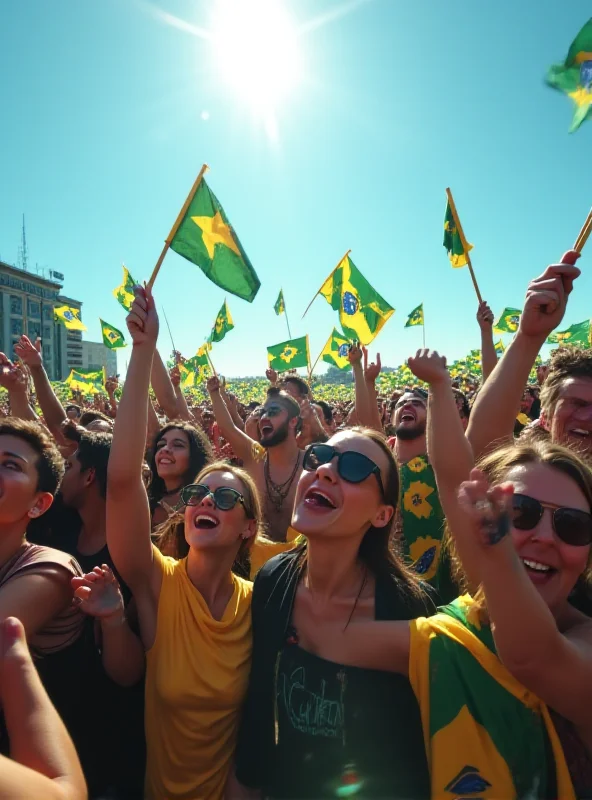 A large crowd of people cheering and waving Brazilian flags at a political rally.