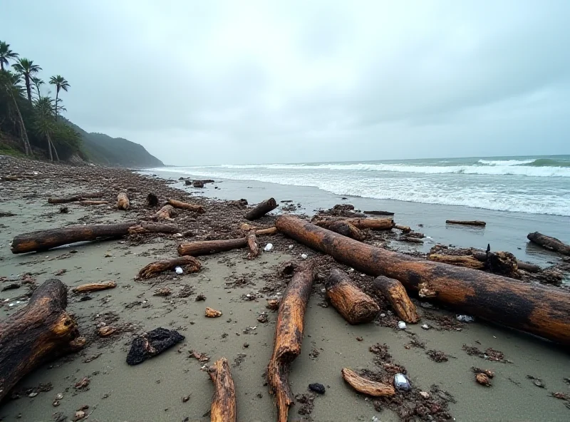 A wide, debris-strewn beach in Southern California, with logs, charred wood, and other debris scattered across the sand. The ocean is visible in the background, with a cloudy sky overhead.