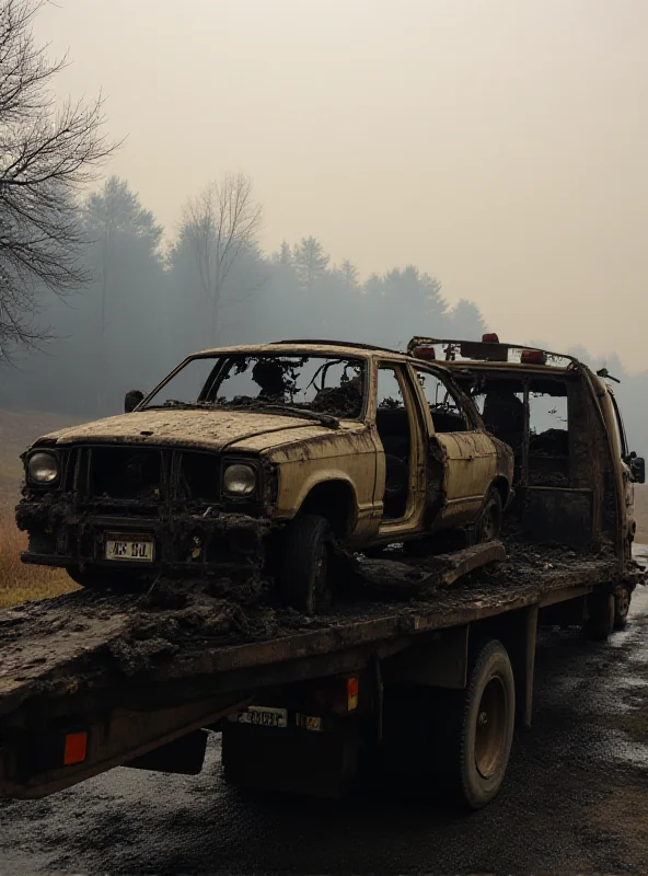 A tow truck hauling away a damaged car. Smoke and fire damage is visible in the background. The scene conveys a sense of chaos and loss.