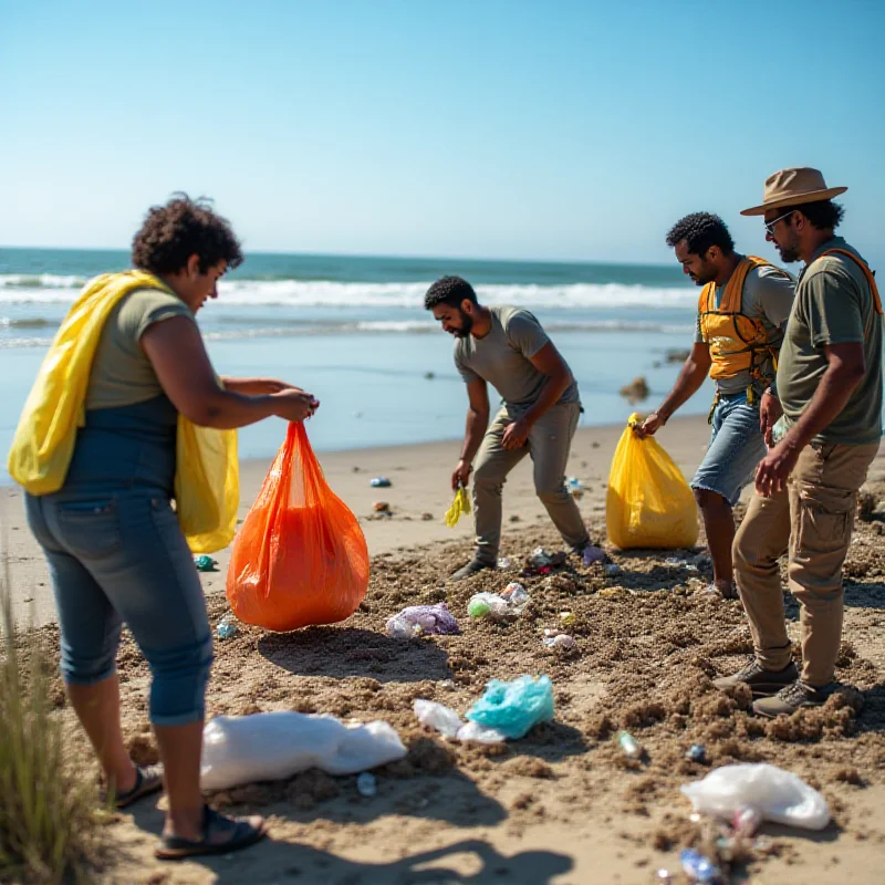 A group of volunteers cleaning up a beach, collecting debris in bags. The scene is bright and sunny, conveying a sense of hope and community effort.