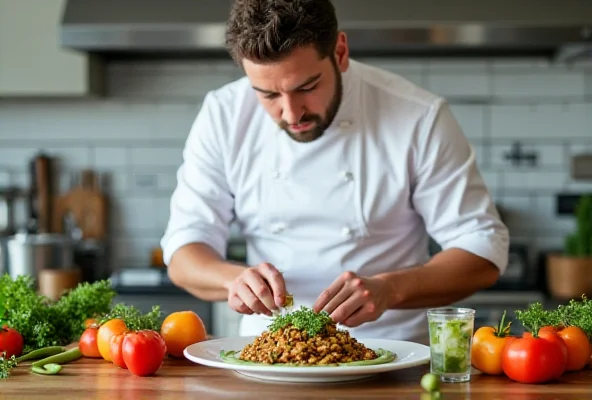 A close-up shot of a chef preparing a dish in a modern kitchen, emphasizing the textures and colors of the ingredients.