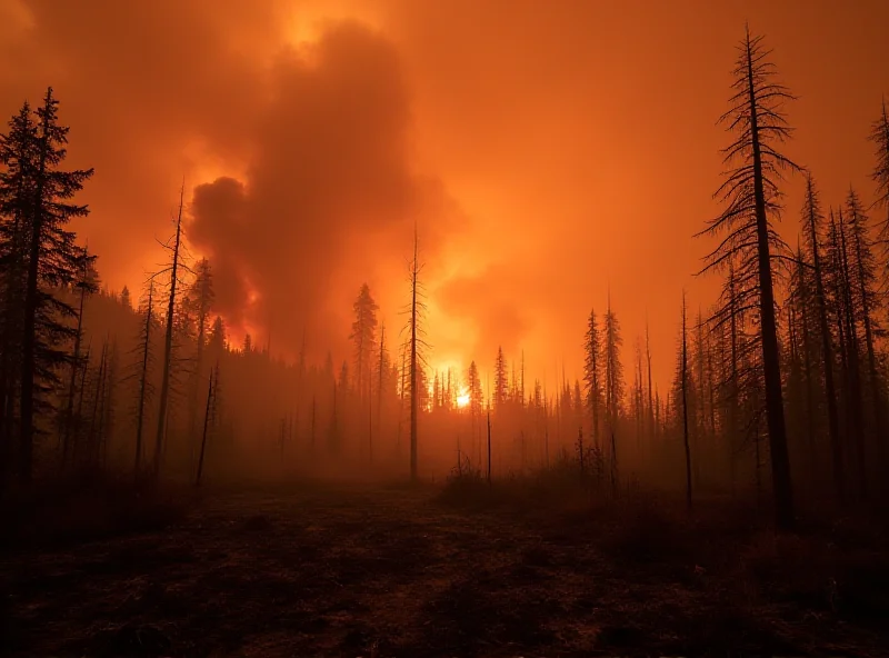 A wide shot of a wildfire raging through a forest, highlighting the destruction and the scale of the disaster.