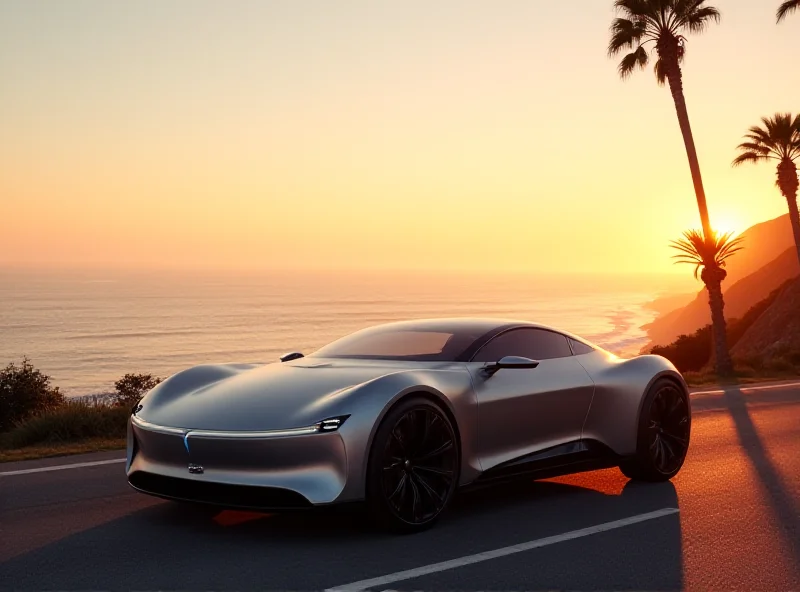 A sleek, modern electric vehicle parked against a backdrop of the California coastline, symbolizing the state's push towards electric vehicle adoption.