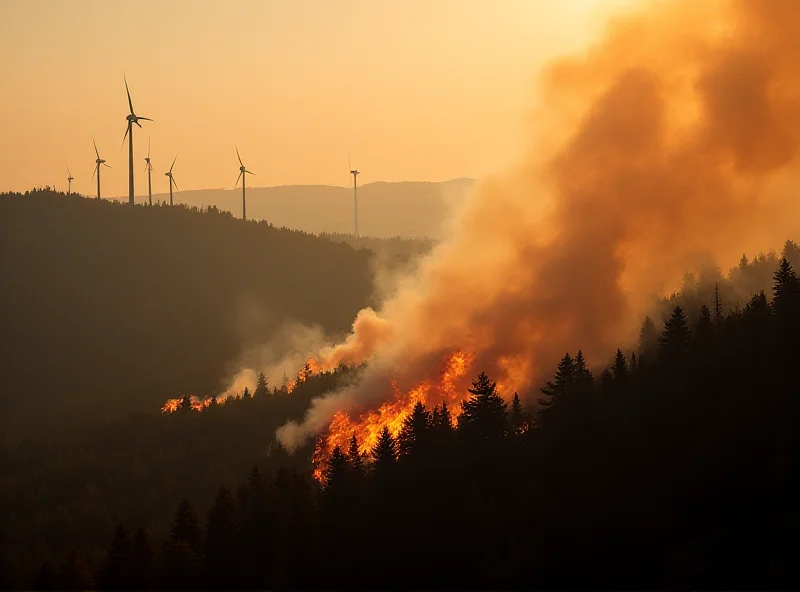 Aerial view of a wildfire burning in a California forest, juxtaposed with a wind turbine farm in the background, representing the environmental challenges and solutions being pursued by the state.