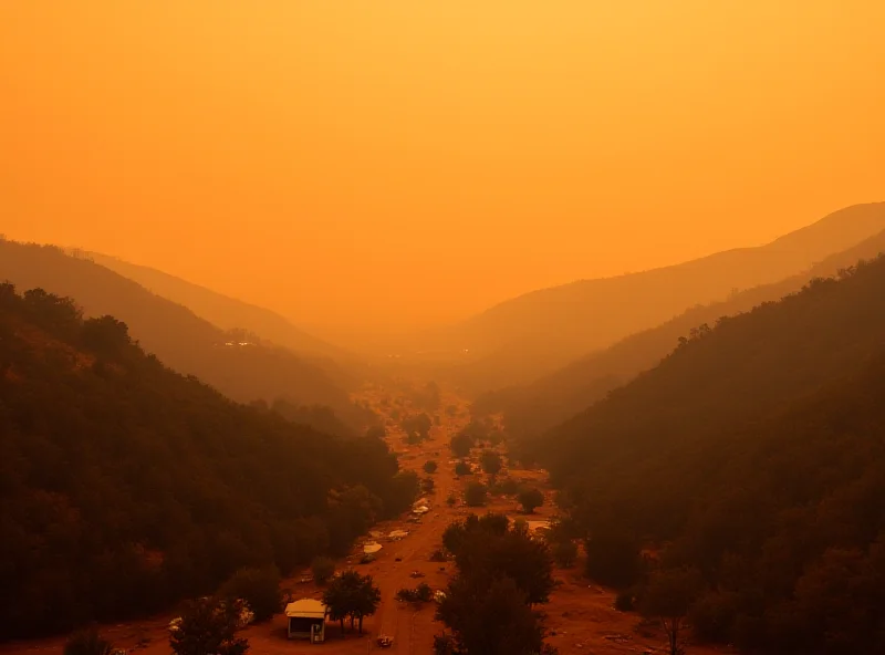 A wide shot of a wildfire raging through a dry, mountainous landscape in California. Smoke fills the air, and flames are visible consuming trees and structures in the distance. The sky is orange and hazy, indicating the intensity of the fire.