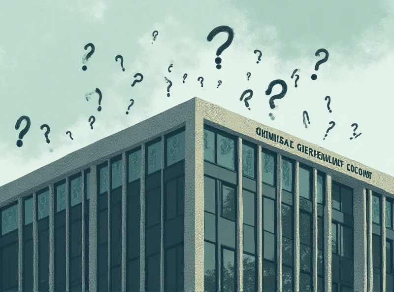 Illustration of the International Criminal Court building in The Hague, Netherlands, with question marks hovering around it, symbolizing the controversy surrounding the court.